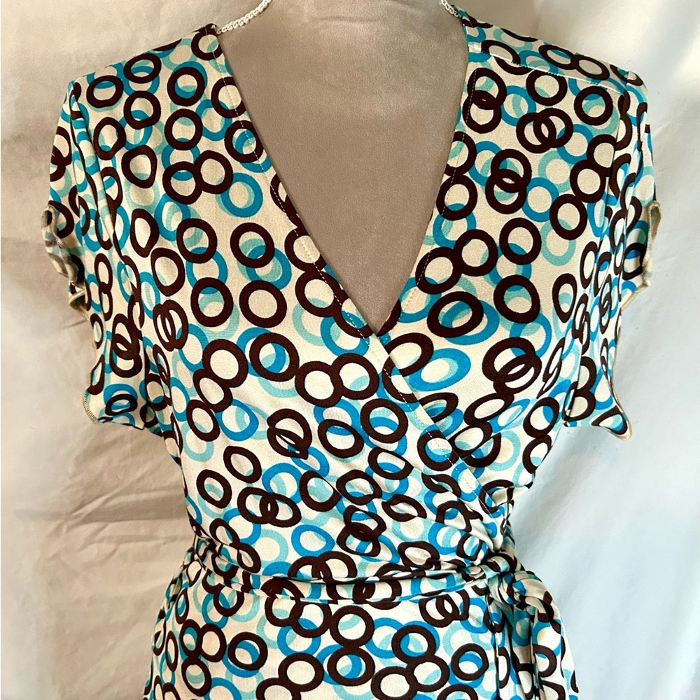 Vintage Y2K Banana Republic Cream, Blue Silk, Cotton Wrap Dress, Size XL - Picture 2 of 14